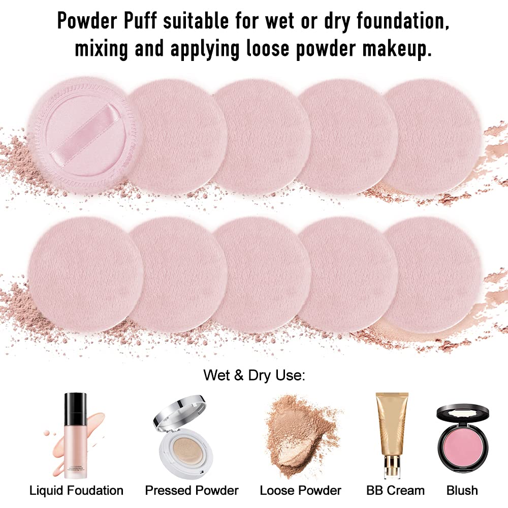 10pcs Powder Puff Cotton Cosmetic Face Makeup Powder Puffs Pads with Ribbon for Loose and Foundation 2.36 inch. (Pink)
