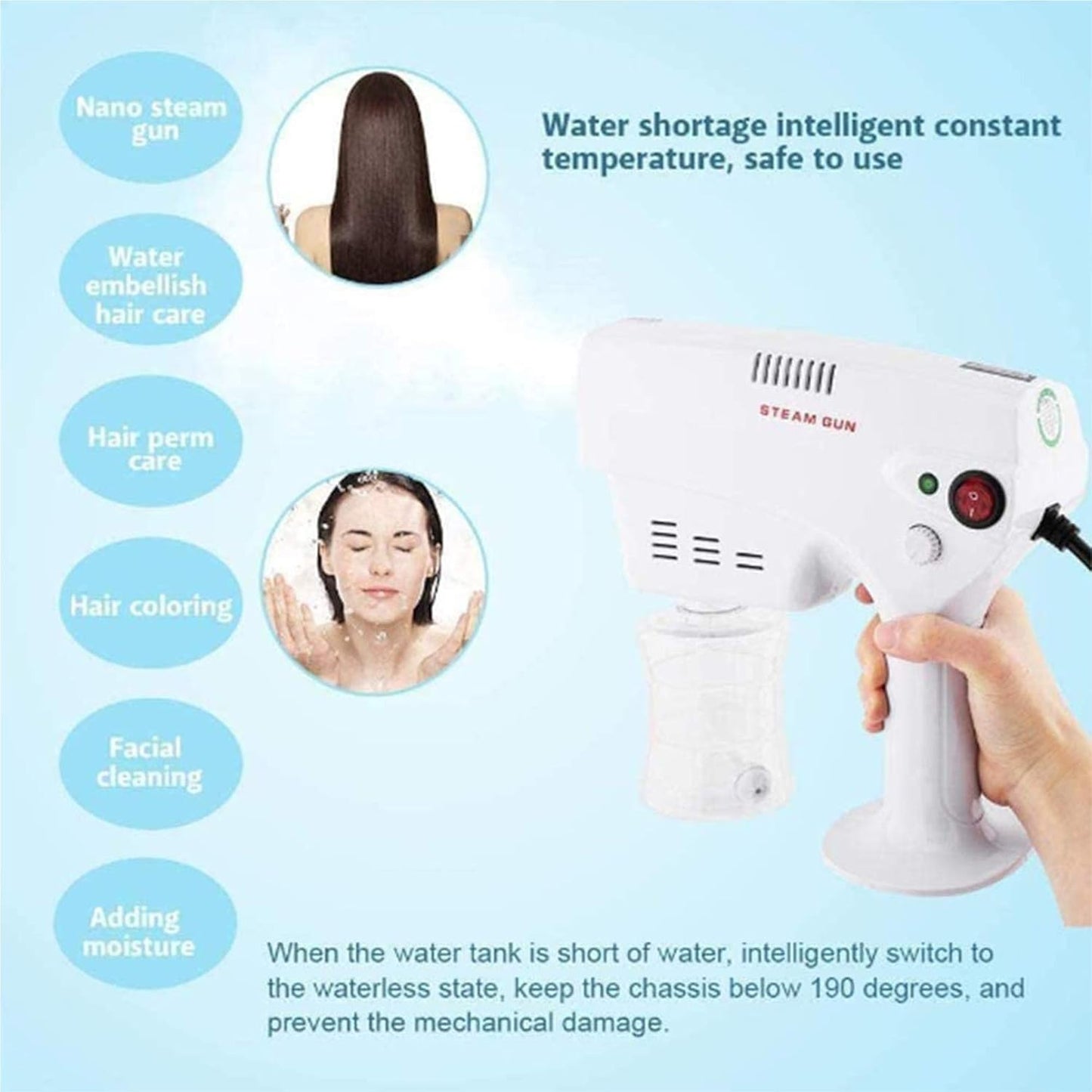 XSWL Portable Nano Steam Gun Hair Care Hydration Sprayer Hot Dyeing Care Blue Micro Mist Machine Spray Gun Hair Steamer Trigger