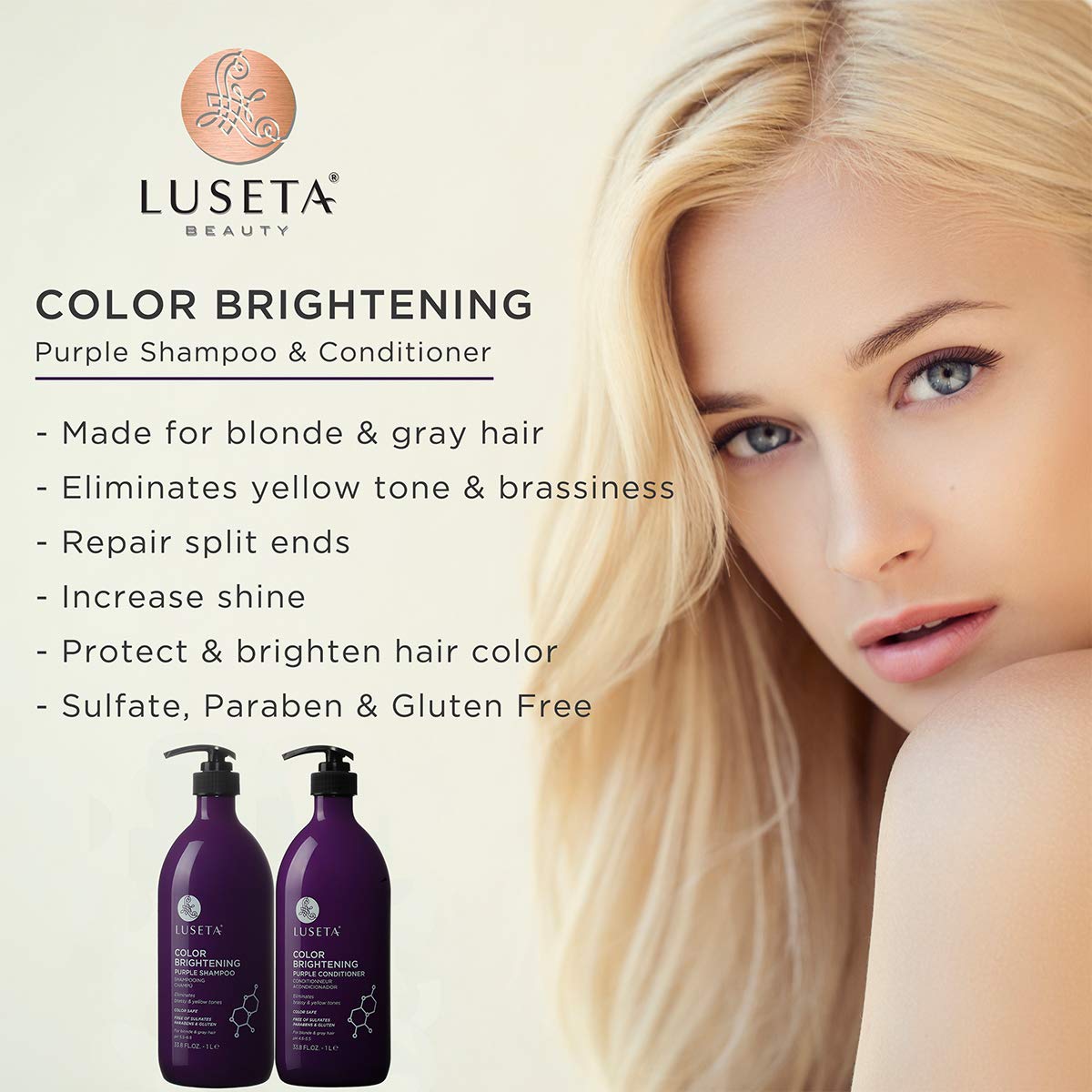 L LUSETA Color Brightening Purple Shampoo and Conditioner Set for Blonde and Gray Hair, Infused with Cocos Nucifera Oil to Help Nourish, Moisturize and Condition Hair, 2x33.8oz