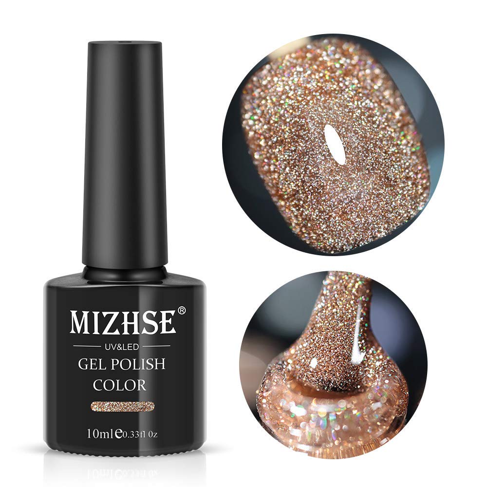 MIZHSE Reflective Gel Nail Polish, Glitter Gold Gel Polish, Sparkly Shiny Nail Effect Soak Off Nail Art Varnish for Beginners DIY at Home