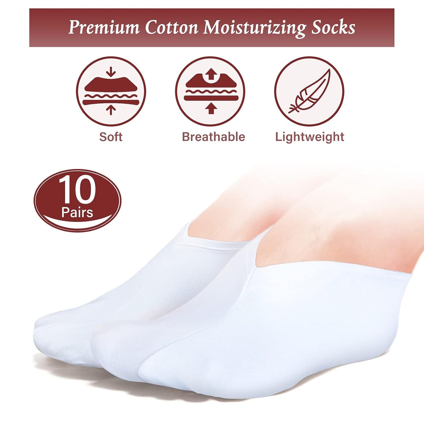 Geyoga 10 Pairs Moisturizing Socks Overnight for Dry Feet Spa Cotton Moisture Enhancing Cosmetic Socks for Women and Men, White