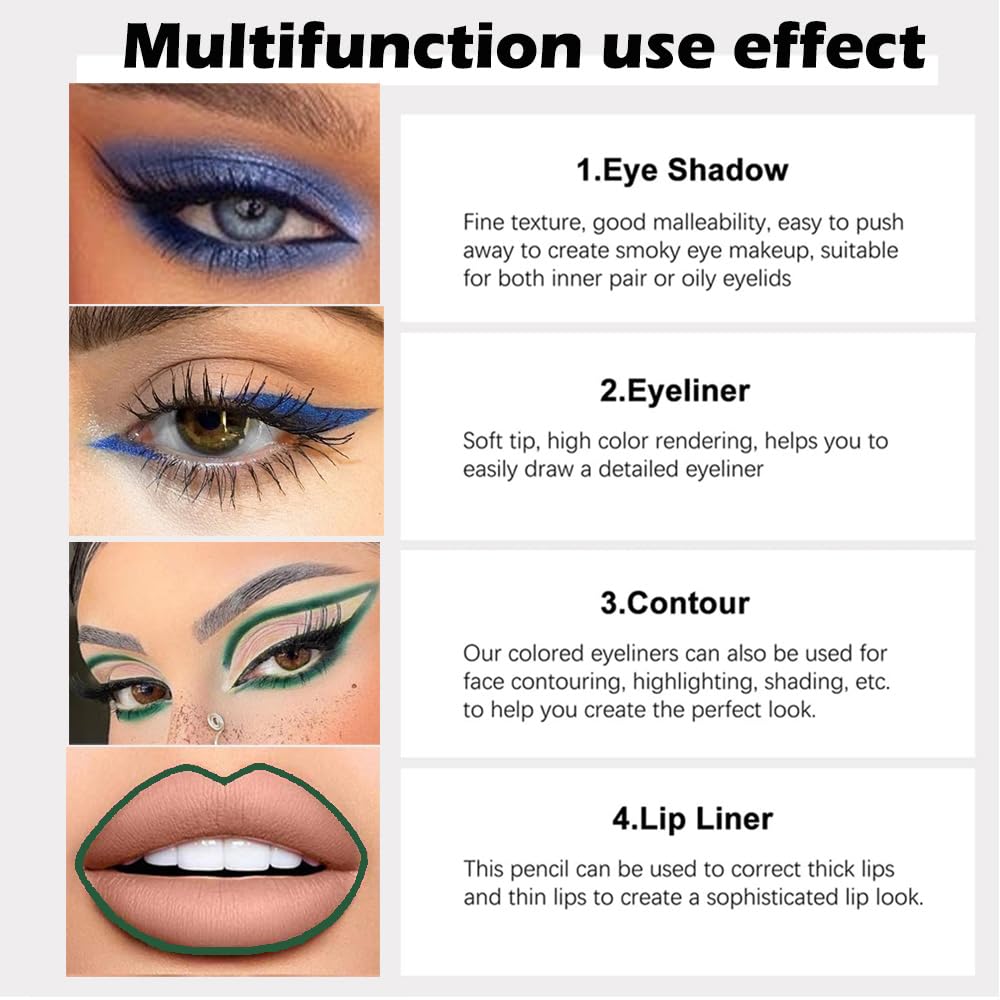 EVPCT 3Pc Shimmer Emerald Green & Shimmer Royal Blue & Green Gel Glitter Eyeliner Pencils Set - Waterproof, Smudge Proof Eye Liner Makeup - 06, 07, 12