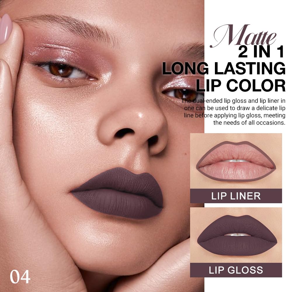 evpct 1Pcs Dark Deep Brown Chocolate Matte Lip Liner and Liquid Lipstick Stain Makeup Set for women, Long Lasting Smudge Proof Lipstick labiales matte mate larga duracion listip 24 hours originales,04