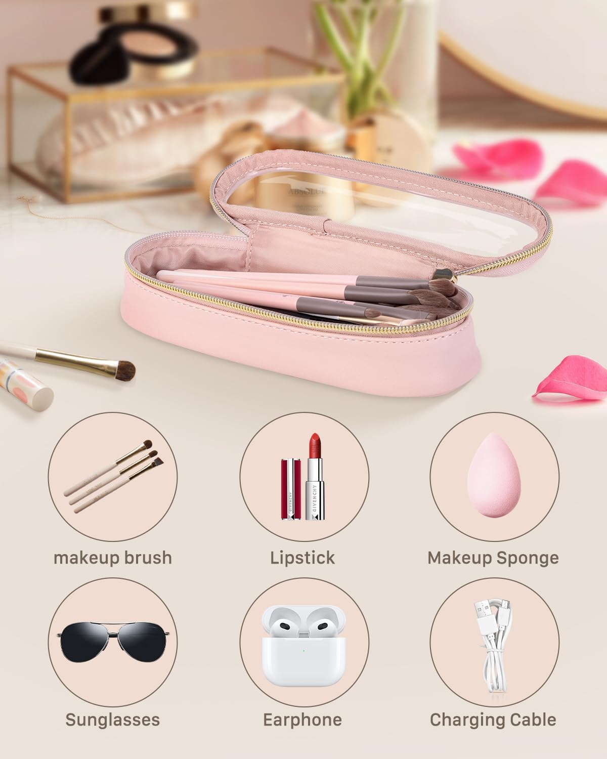Clear Travel Makeup Brush Holder, Leather Makeup Brush Toiletry Bag, Portable Cosmetic Brush Case, Transparent Waterproof Makeup Brush Storage Bag, Pink