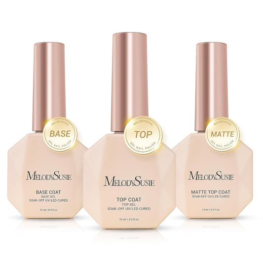 MelodySusie Top Coat Matte Top Coat Base Coat No Wipe Glossy Set Long Lasting Shine Finish Soak Off UV LED Nail Lamp Nail Art Design Manicure Kit Perfect Gifts for Women Girls 3 Pcs 15ml Clear