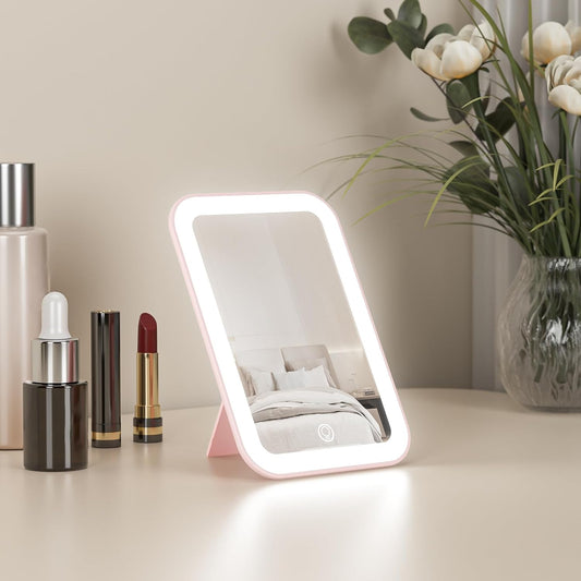 Kintion Travel Makeup Mirror, 6"*4.2" Rechargeable Portable LED Lighted Tabletop Vanity Mirror, 3 Colors Touch Dimmable Compact Mirror for Women Gift, Pink