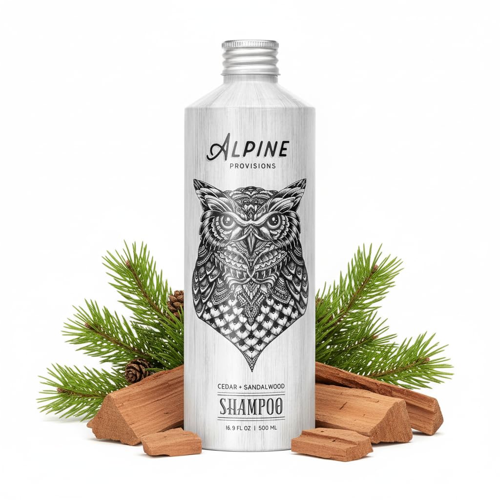 Alpine Provisions Cedar & Sandalwood Shampoo - Naturally Repair, Cleanse, and Hydrate with Essential Oils, Jojoba, Aloe Vera - Vegan, Sulfate & Plastic Free - Plant-Based Hair Care 16.9 FL Oz