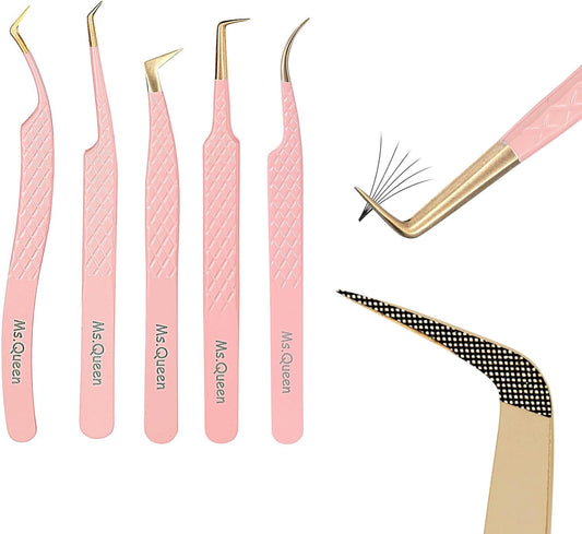 Ms.Queen Eyelash Extension Tweezers, Professional Fiber Tip Lash Tweezers Set of 5,Curved 45 90 Degree Volume Isolation Tweezers