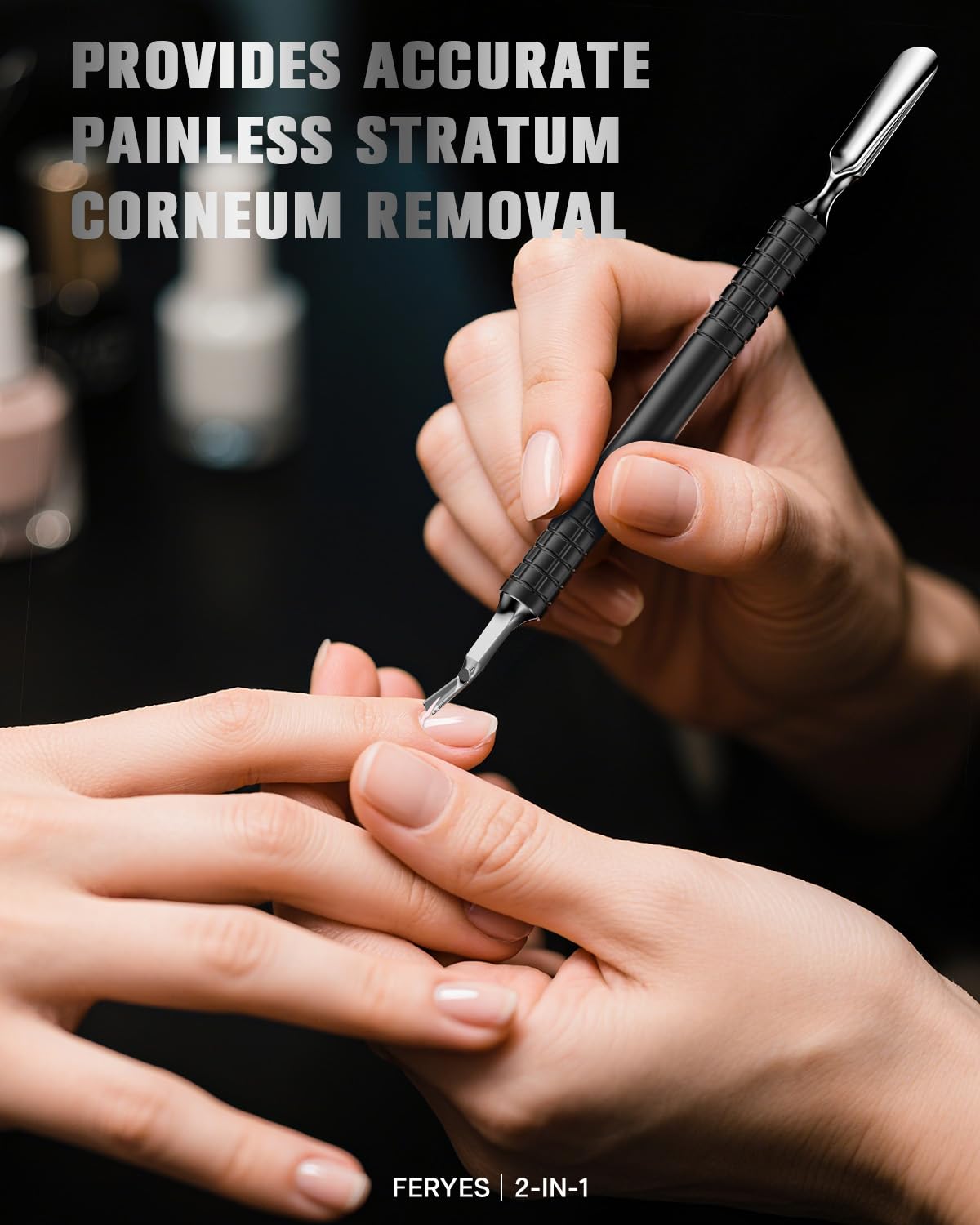 FERYES Cuticle Pusher with Fork, 2-in-1 Cuticle Remover Tool, Upgraded Stainless Steel Cuticle Trimmer Nail Care Tool for Manicures- Black(5.8 Inches）