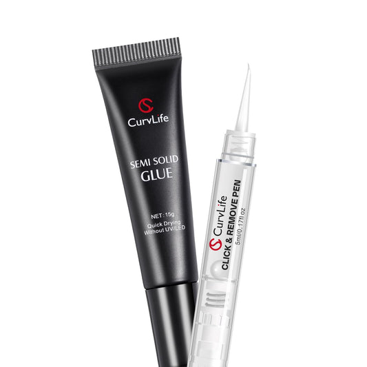 Curvlife 15g Semi Solid Nail Glue Gel with 5ml 3 in 1Nail Glue Remover, No Need for Uv Light, Gel for Press On Nails, Click&Remove Pen Design