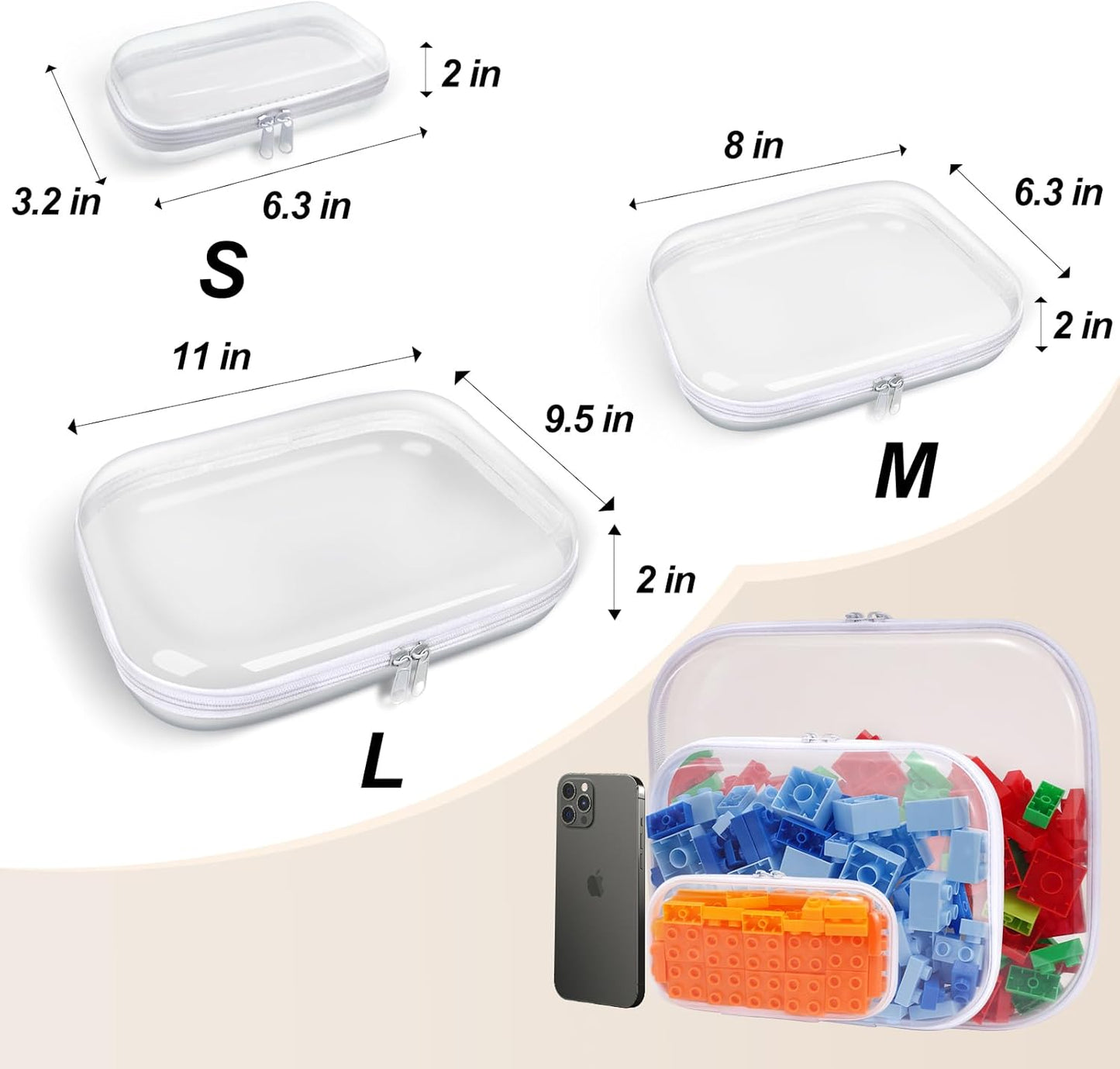 Clear Hard Plastic Zipper Case,Transparent Double Zippers Hard Pouch with 6pcs,Portable Travel Organizer Bin for Toy Storage