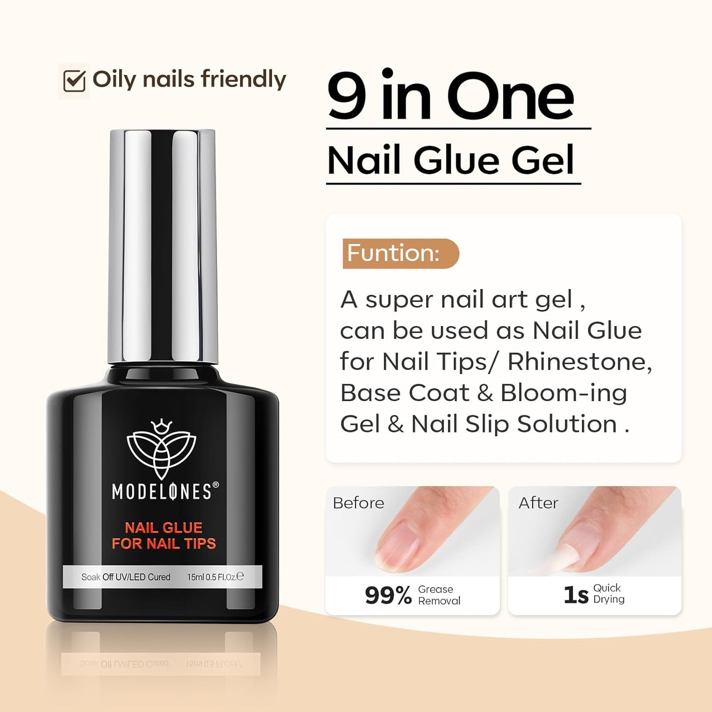 modelones Nail Glue & Top Coat Base Gel Set No Wipe Long Lasting Glossy Gel Top Coat Base Coat 9 in One Nail Glue Gel Nails Kit