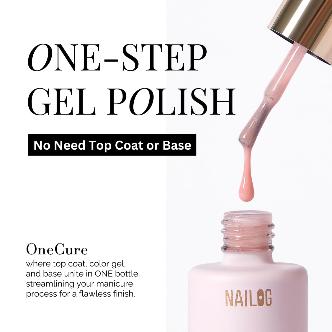 NAILOG One Step Gel Nail Polish 12ml Top Coat Color Gel Base 3-In-1 Formula Soak Off UV Gel Polish for Home DIY & Gifting | Nude Rose