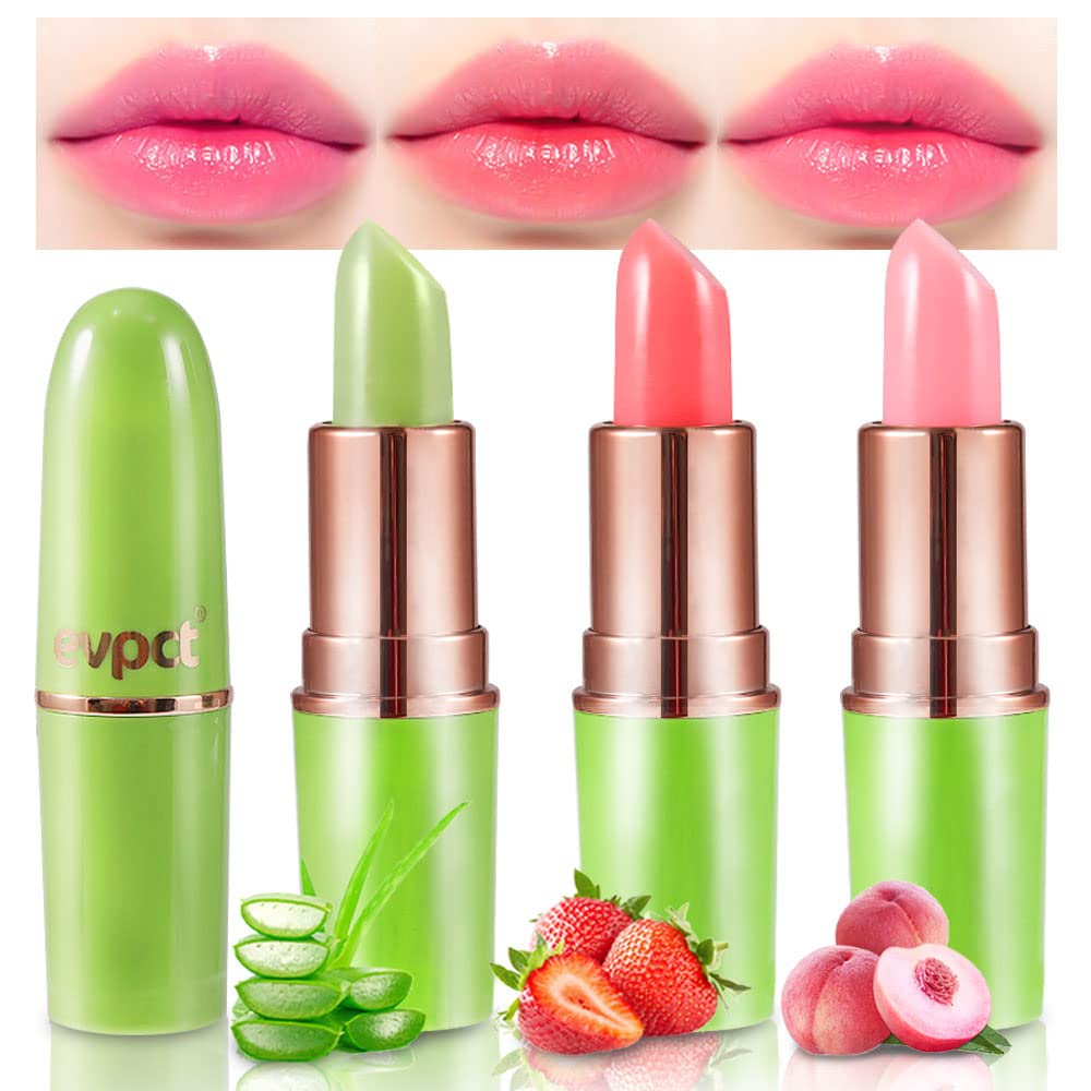 evpct 3Pcs Magic Color Changing Lipstick Long Lasting Waterproof 24 Hours Original for Women, Aloe Vera Strawberry Peach Pink PH Mood Permanent Color Changing Lipstick Lip Balm Gloss, labial magico