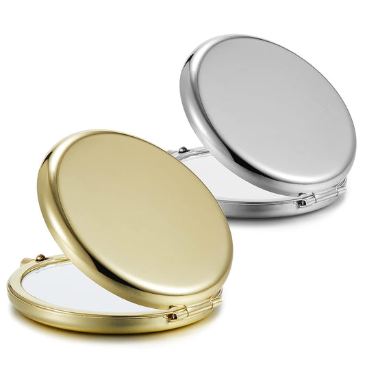 Compact Mirror Bulk, Set of 2 Double-Sided 1X/2X Magnifying Purse Pocket Makeup Mirrors(Round, Gold and Silver)