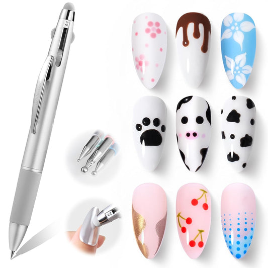 Beetles Nail Dotting Pen 4-in-1 Manicure Art Tools in Ballpoint Design with Size Marking and Pressing Head Double-end Nail Dotting Tool, Pefect for Dottings Painting Gems Chrome Powder DIY and Salon