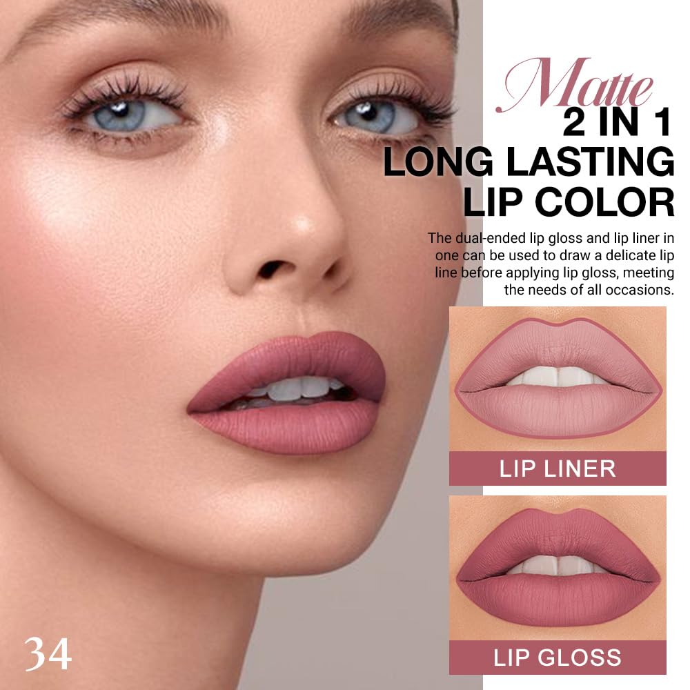 evpct 1Pcs Neutral Mauve Matte Lip Liner and Liquid Lipstick Stain Makeup Set for Women, Mauve Long Lasting Smudge Proof Lipstick labiales matte mate larga duracion listip 24 hours originales, 34#