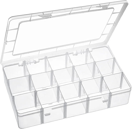 15 Large Grids Plastic Organizer Box with Dividers, Clear Compartment Container Storage for Washi Tapes Beads Crafts Jewelry Fishing Tackles, Size 11 x 6.3 x 2.2 in