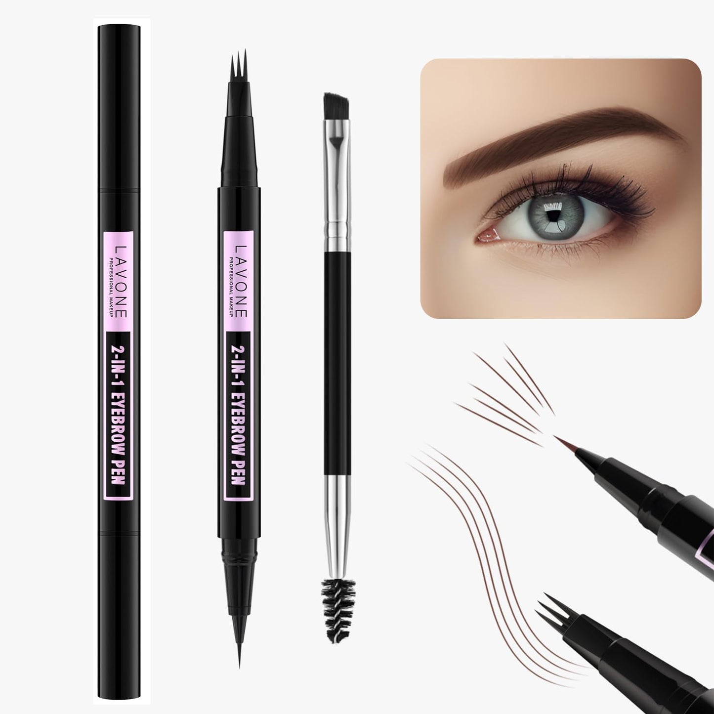 LAVONE Eyebrow Pencil, 2-In-1 Waterproof Eyebrow Pen, with 3 Tip Microblading Eyebrow Pen and Ultra-Precise Brow Pencil, Dual-ended Eyebrow Brush, for Eyebrow Makeup - Dark Coffee