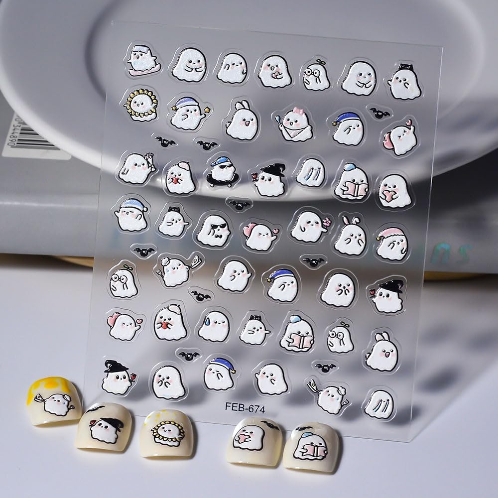 Halloween Nails Stickers White Ghost Nails Sticker 3D Embossed Cute Ghosts Self Adhesive Sticker Nail Decals Ghost with Hat Nail Art Decal Halloween Decals for Nail DIY Manicure 1Sheet