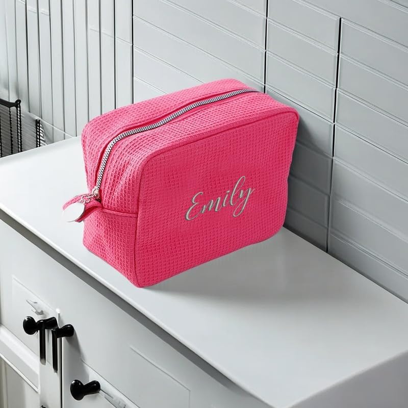 GOPHIE Personalized Embroidered Makeup Bag,Custom Waffle Fabric Cosmetic Pouch for Women, Travel Makeup Pouch (3, Hot Pink)