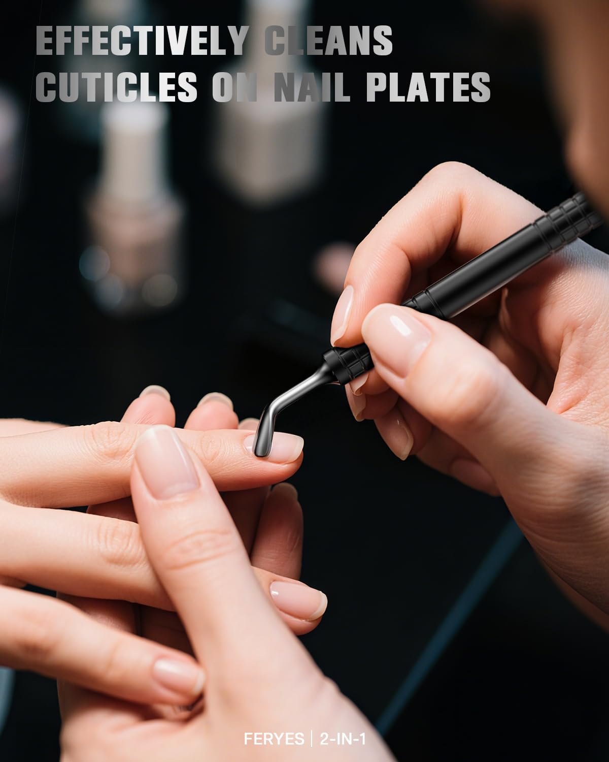 FERYES Upgraded Horseshoe Shape Cuticle Pusher with Fork, 2-in-1 Cuticle Remover Tool, Stainless Steel Cuticle Trimmer Nail Care Tool for Manicures- Black(5.6 Inches）