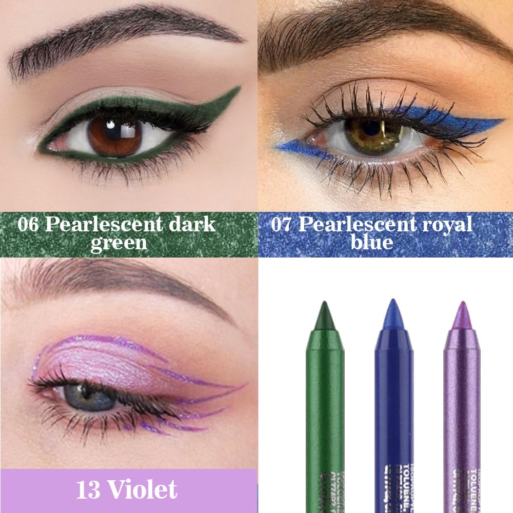 evpct 3Pcs Shimmer Emerald Green & Shimmer Royal Blue & Violet Gel Glitter Eyeliner Pencils Set for Women Waterproof Smudge Proof lapiz de ojos delineador de ojos contra el agua Eye Liner Makeup