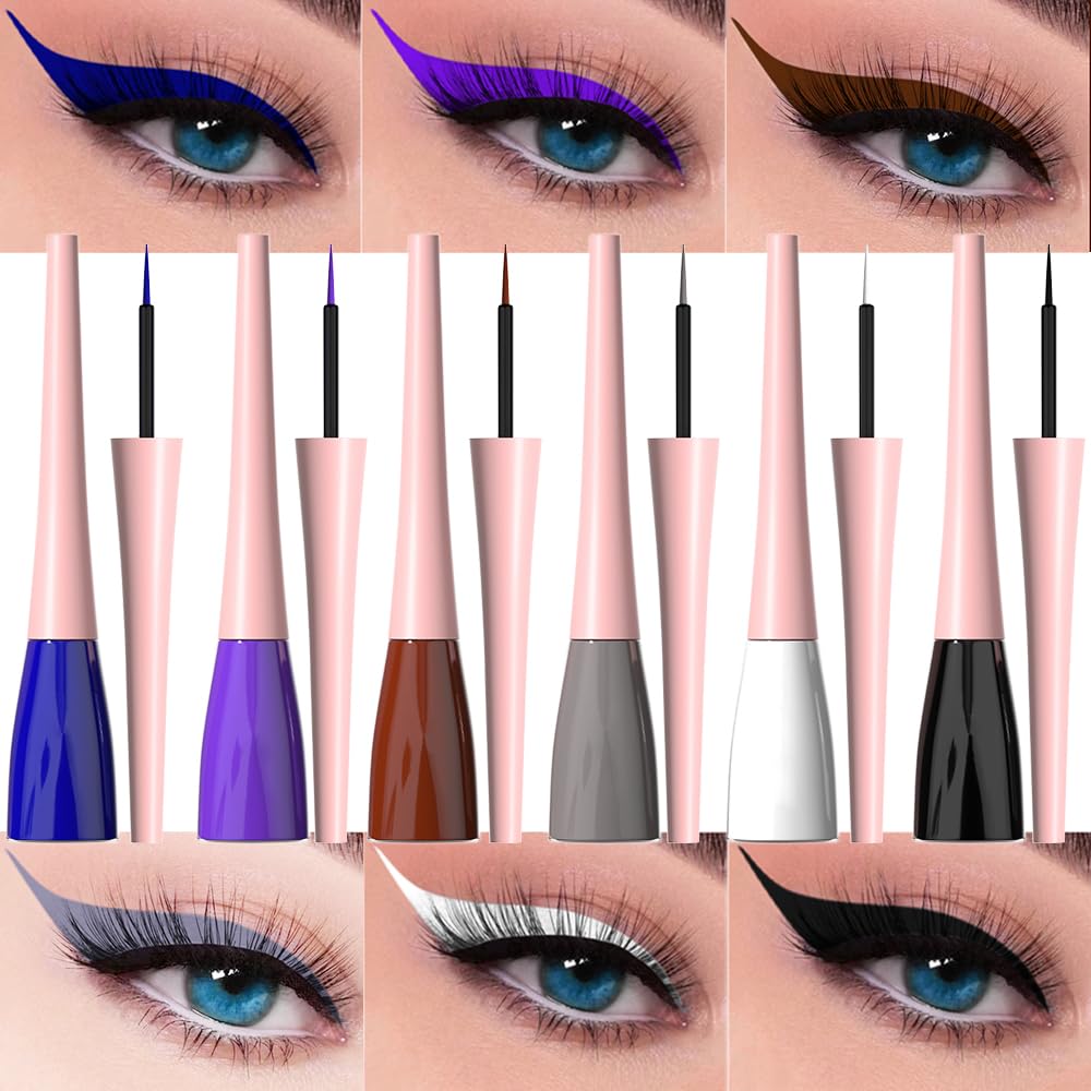 evpct 6Pcs Dark Blue Violet Maroon Grey White Black Liquid Eyeliner Set Waterproof Eye Liners for Women, Eyes Wing Colored Eyeliner delineador de ojos a prueba de agua contra el agua blanco para ojos