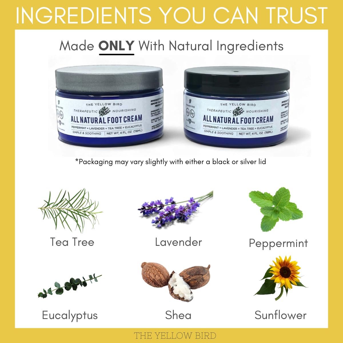 Yellow Bird Natural Foot Cream - For Dry and Cracked Feet Repair. Organic Athlete’s Foot Balm. Salve Moisturizer for Heel Care & Callus Treatment with Tea Tree Oil & Peppermint Essential Oils