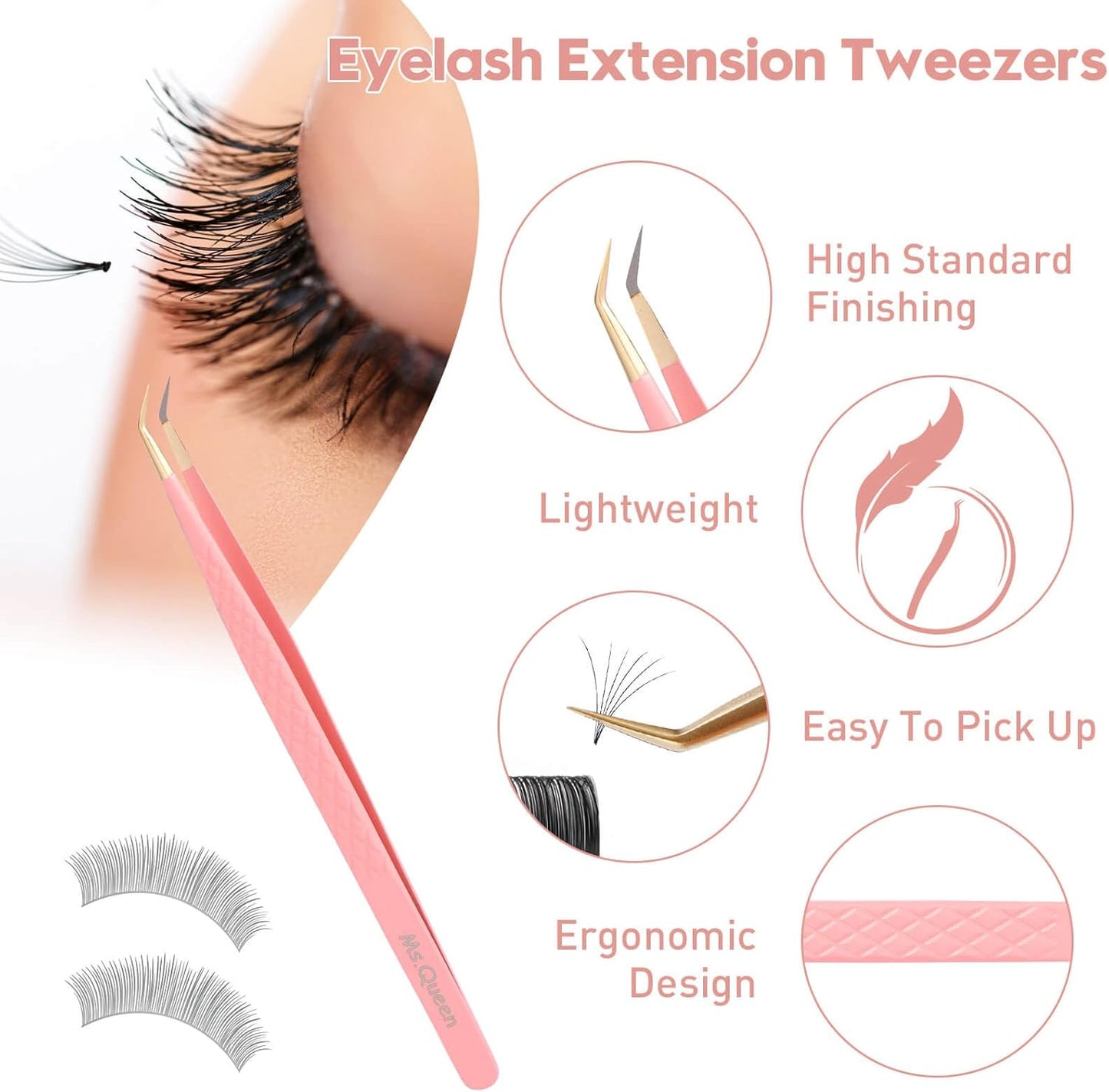 Ms.Queen Lash Tweezers for Eyelash Extensions,5Pcs Precision Fiber Tip Grip Curved 45 90 Degree Boot volume Tweezers Set