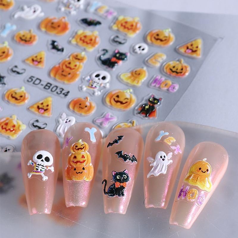 Halloween Nails Stickers White Cute Ghost Nails Sticker 5D Embossed Orange Pumpkins Self Adhesive Sticker Nail Decals Black Cat Nail Art Decal Halloween Decals for Nail DIY Manicure 2Sheet