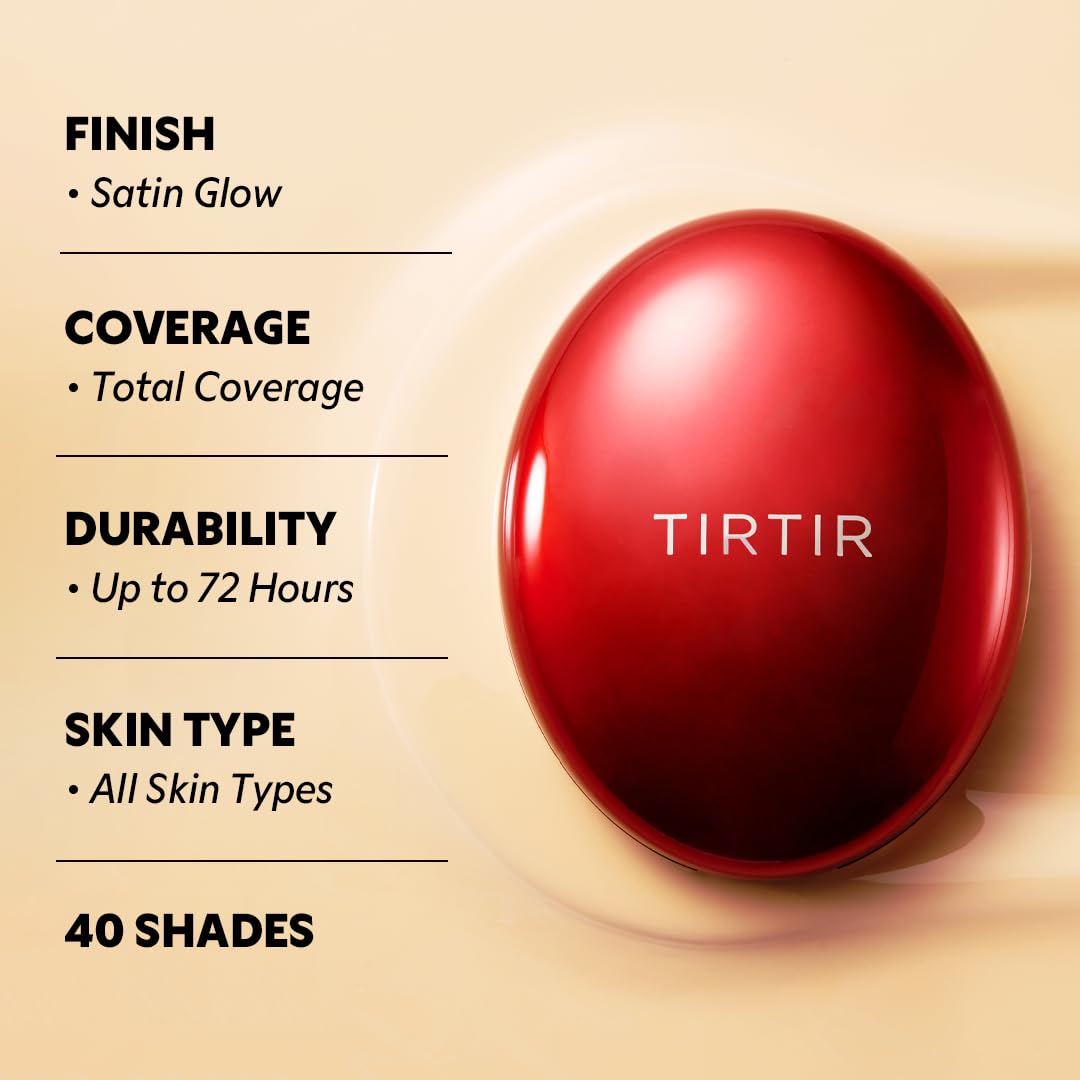 TIRTIR Mask Fit Red Cushion Foundation | Full coverage, Weightless, Skin fit, Satin Glow Finish, Korean Makeup BB Foundation, beauty, Tattoo cover up, Buildable (#10C Shell, 0.63 Fl Oz)
