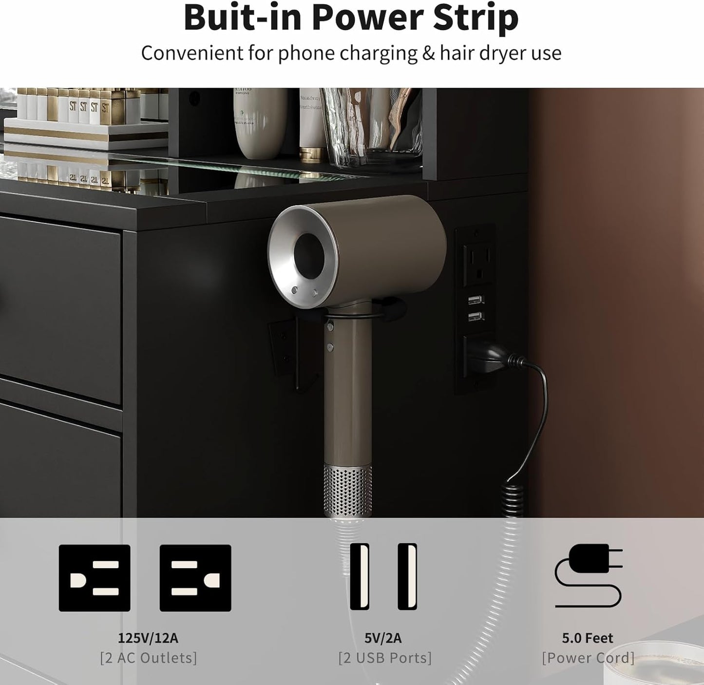 Vanity with Power Outlet, Vanity Desk with Mirror and 10 LED Lights, 10 Drawers Makeup Vanity with 6 Shelves, Fold-up Panel, Dressing Table for Bedroom, Black