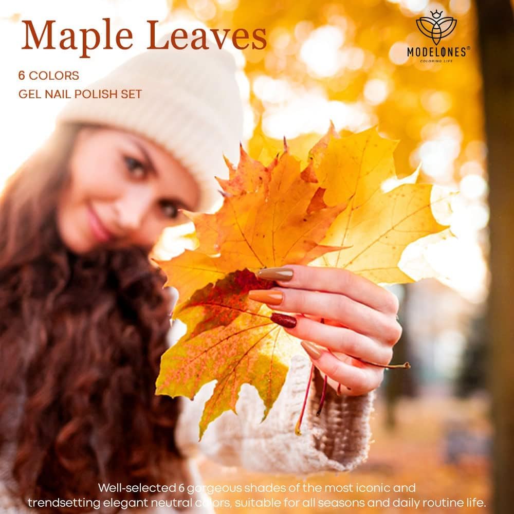 modelones Fall Gel Nail Polish Set, 6 Colors 2025 Nude Brown Burnt Orange Glitter Gel Polish Dark Red Wine Burgundy Maroon Nail Polish Soak Off Halloween Nail Art Manicure Kit DIY Salon Gift