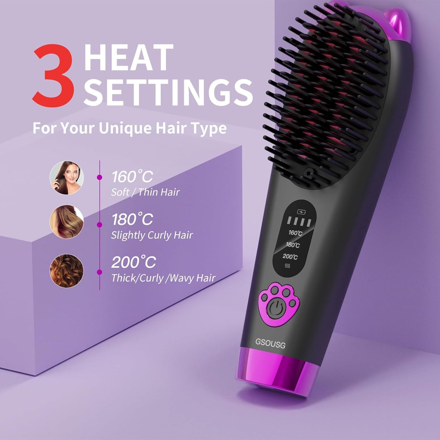 Cordless Hair Straightener,Portable Hair Straightening Brush for Travel, Mini Hot Straightening Comb for Women,Anti-Scald, LED Display & Fast Heating,6000mAh