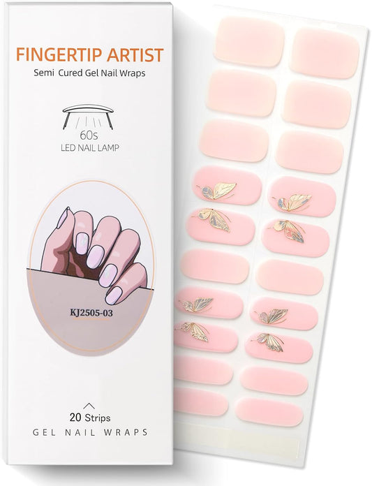 Semi Cured Gel Nail Strips with Butterfly Designs Gel Nail Stickers Glitter Full Cover Nails Wraps Need UV/LED Light with 2 Prep Pads 1Wooen Stick 1Nail File for Women 20Pcs