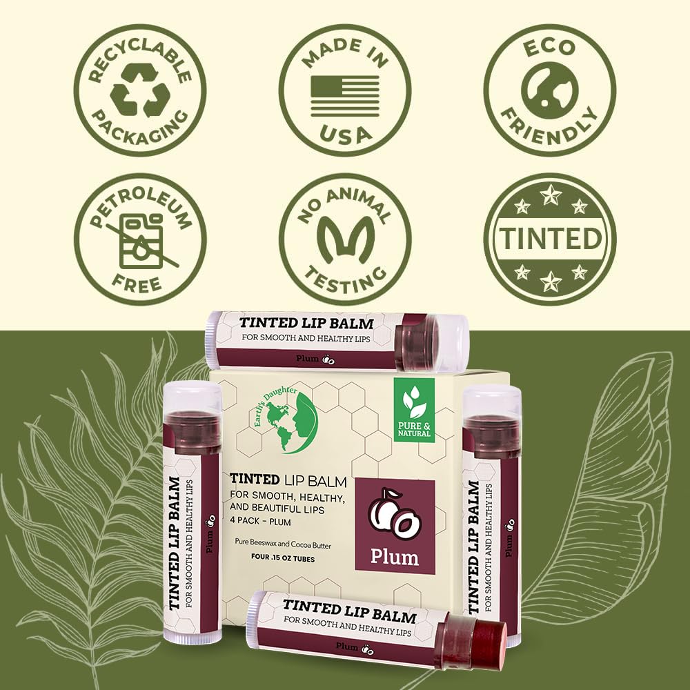 Earth's Daughter Tinted Lip Balm 4 Pack of Plum Color - Beeswax, Coconut Oil, Cocoa Butter, Vitamin E -Moisturize and Beautify, Paraben Free