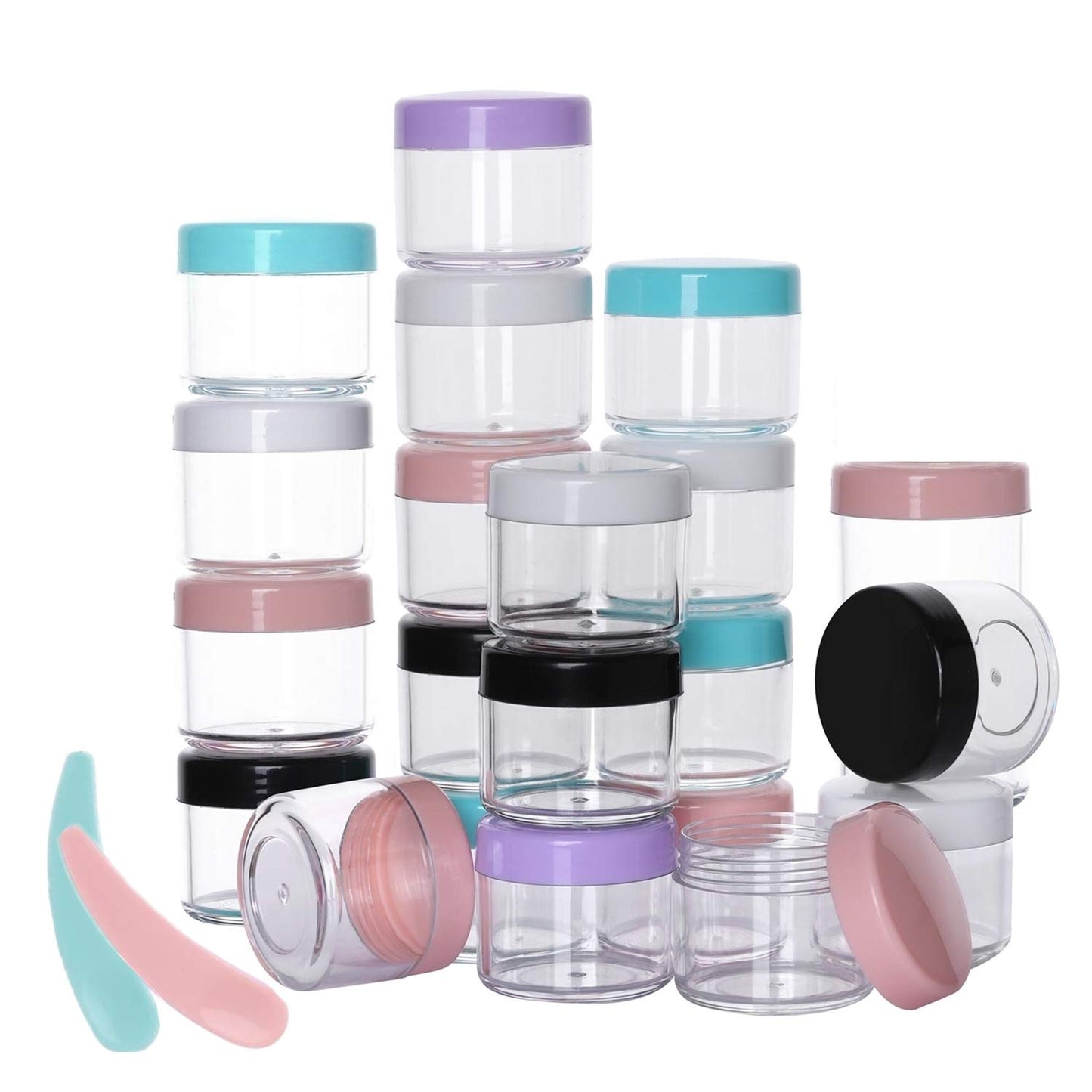 Refillable Cosmetic Sample Jars - 100 Pack 20g (0.7oz) Milti Color Small Travel Containers with Lids + 10 Mini Makeup Spatulas - BPA Free