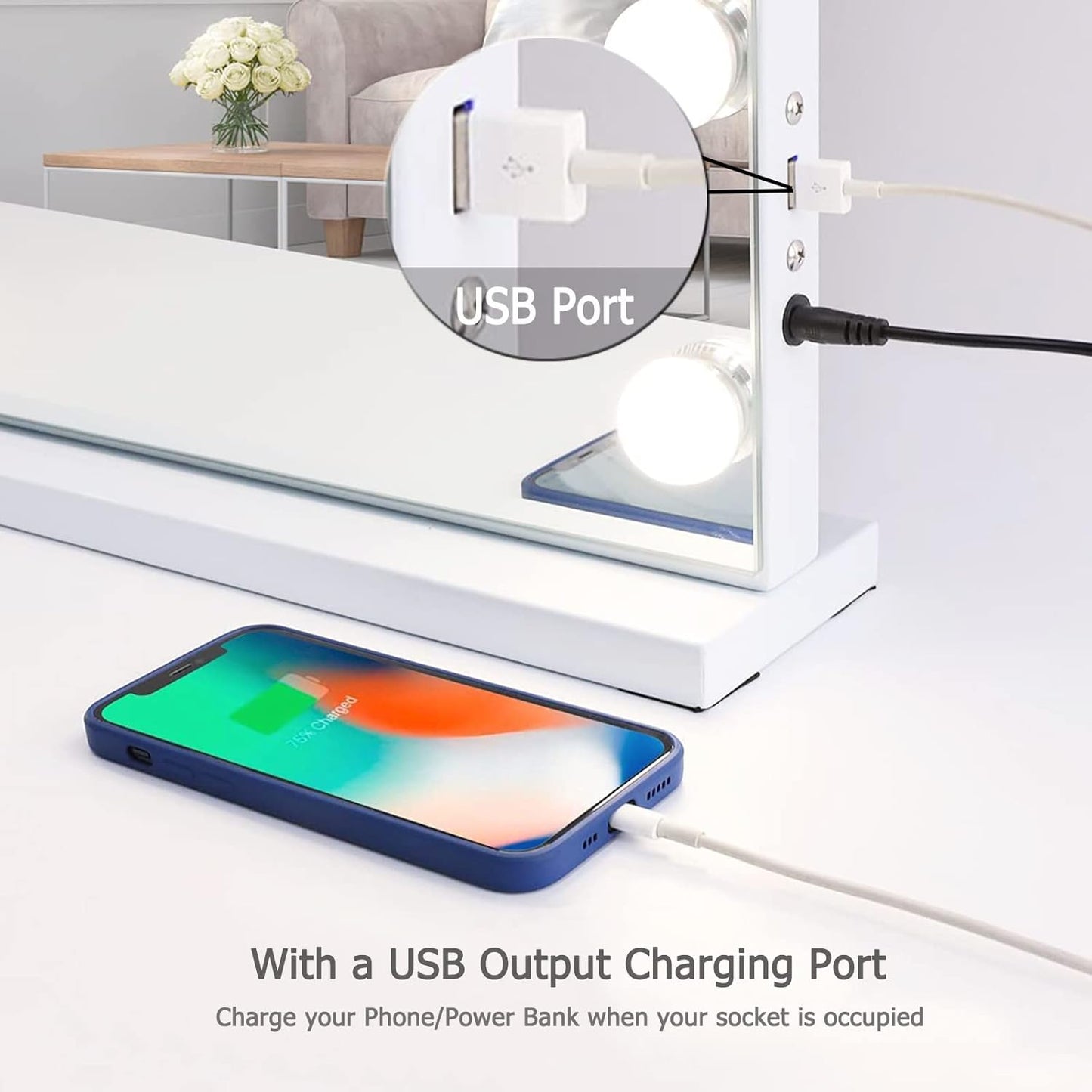 Hansong Vanity Mirror with Lights and Bluetooth Extra Large Hollywood Makeup Mirror with 18 pcs LED Bulbs Lighted Mirror with USB Charging,3 Color Lighting Modes Tabletop or Wall Mount