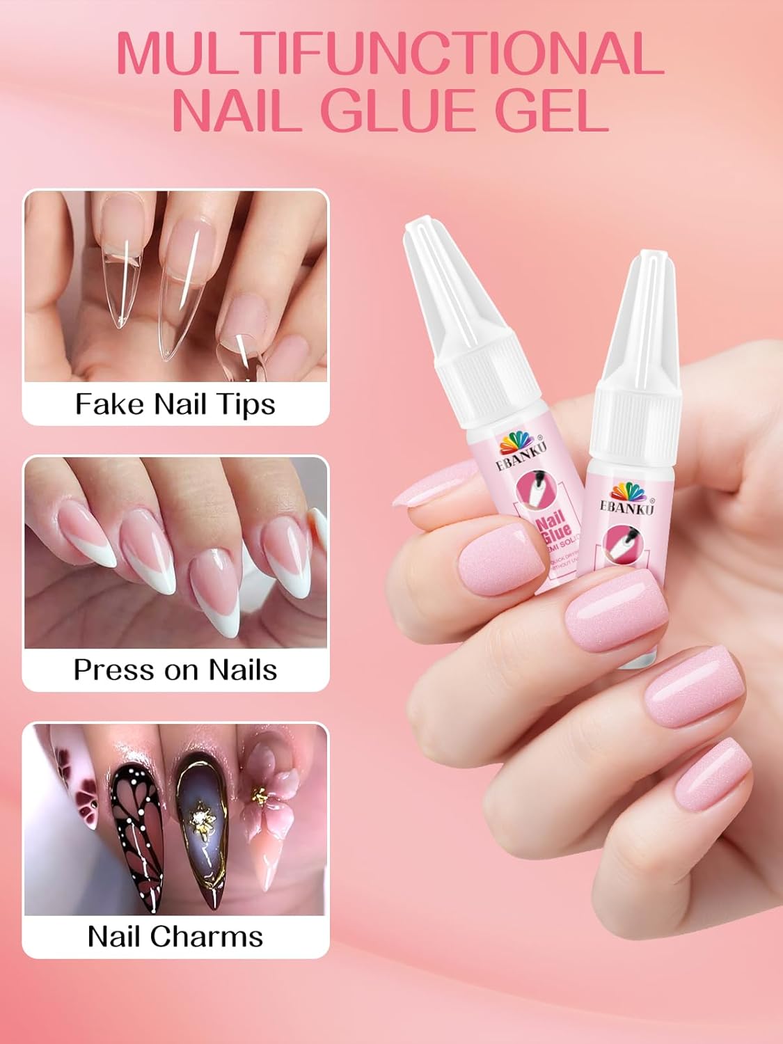 EBANKU Nail Glue Bulk for Press On Nails, 10PCS Super Strong Glue for Fake Nails Professional Adhesive Super Bond Fast Drying Glues Long Lasting No Need for UV Lamp (10 x 15ML)