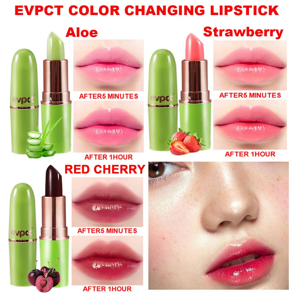 evpct 3Pcs Magic Color Changing Lipstick Long Lasting Waterproof 24 Hours Original for Women, Aloe Vera Strawberry Black Red Cherry PH Mood Permanent Color Changing Lipstick Lip Balm, labial magico