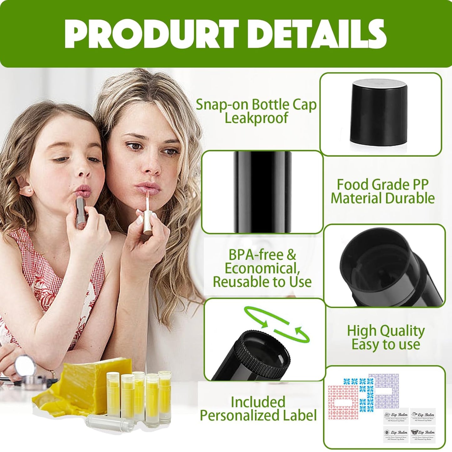 Lip Balm Tubes with Filling Tray and Spatula, 60 Empty Lip Balms Containers with Caps (Clear+Black), 60 Writeable and 60 Printed Stickers, BPA Free, Make Natural Lip Balm Kit for DIY