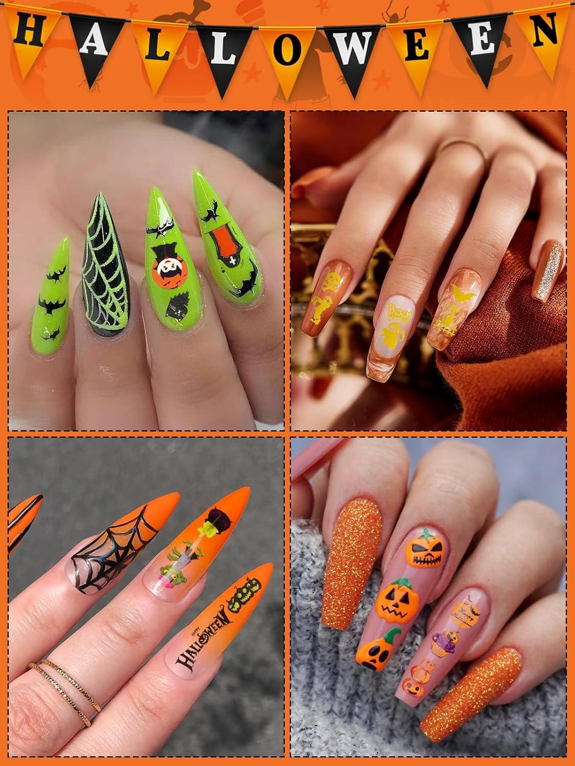 Halloween Nail Art Stickers Decals, Kalolary Self-Adhesive DIY Nail Sticker Decals 3D Design Nail Decorations for Halloween Party Include Pumpkin/Bat/Ghost/Witch(12 Sheets)