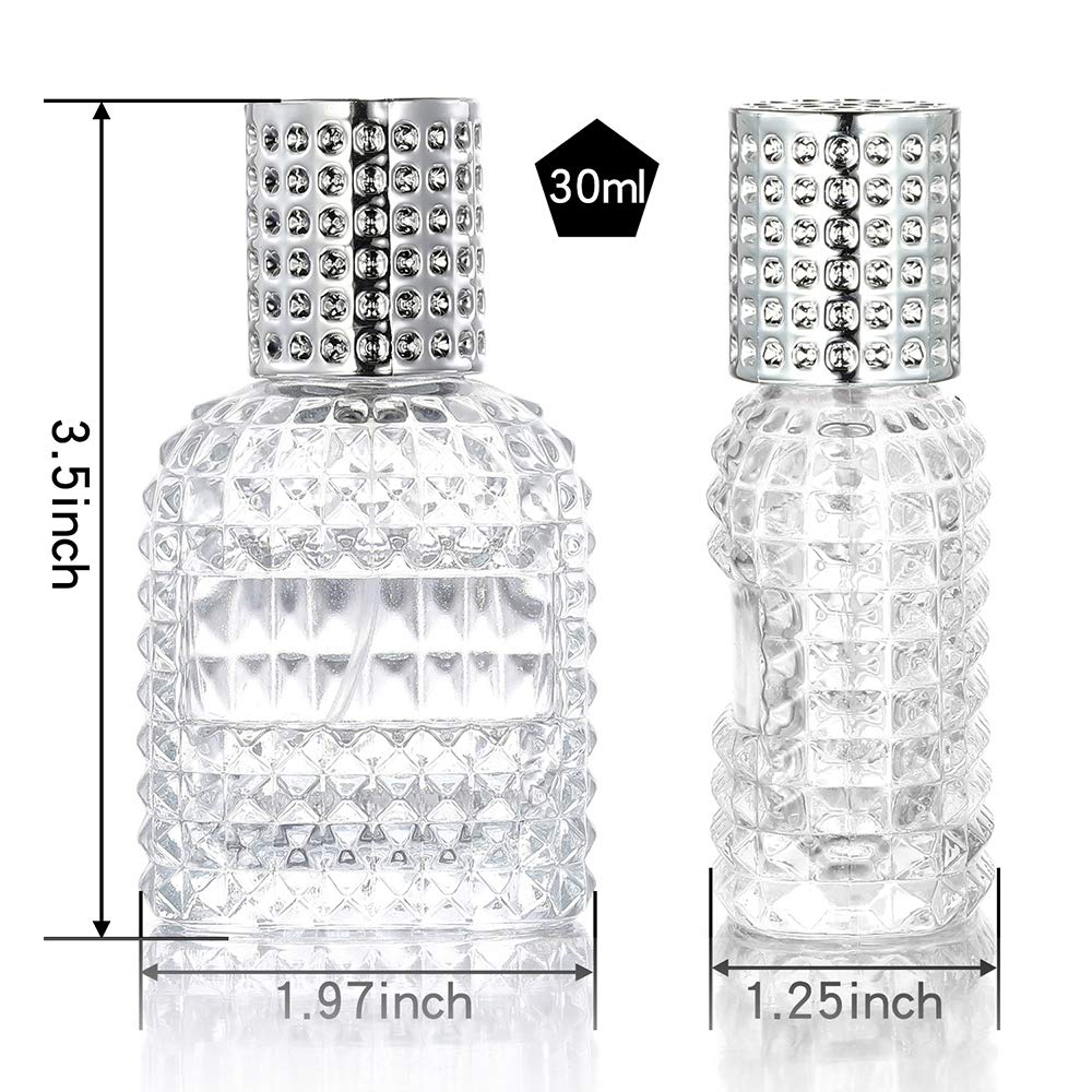 2 Pack 30ml 50ml Clear Empty Glass Spray Bottles，Refillable Empty Atomizer Perfume Bottles，Atomizer Spray Bottle With 4 kinds of perfume dispenser (50ml Silver cap and 30ml Silver cap)