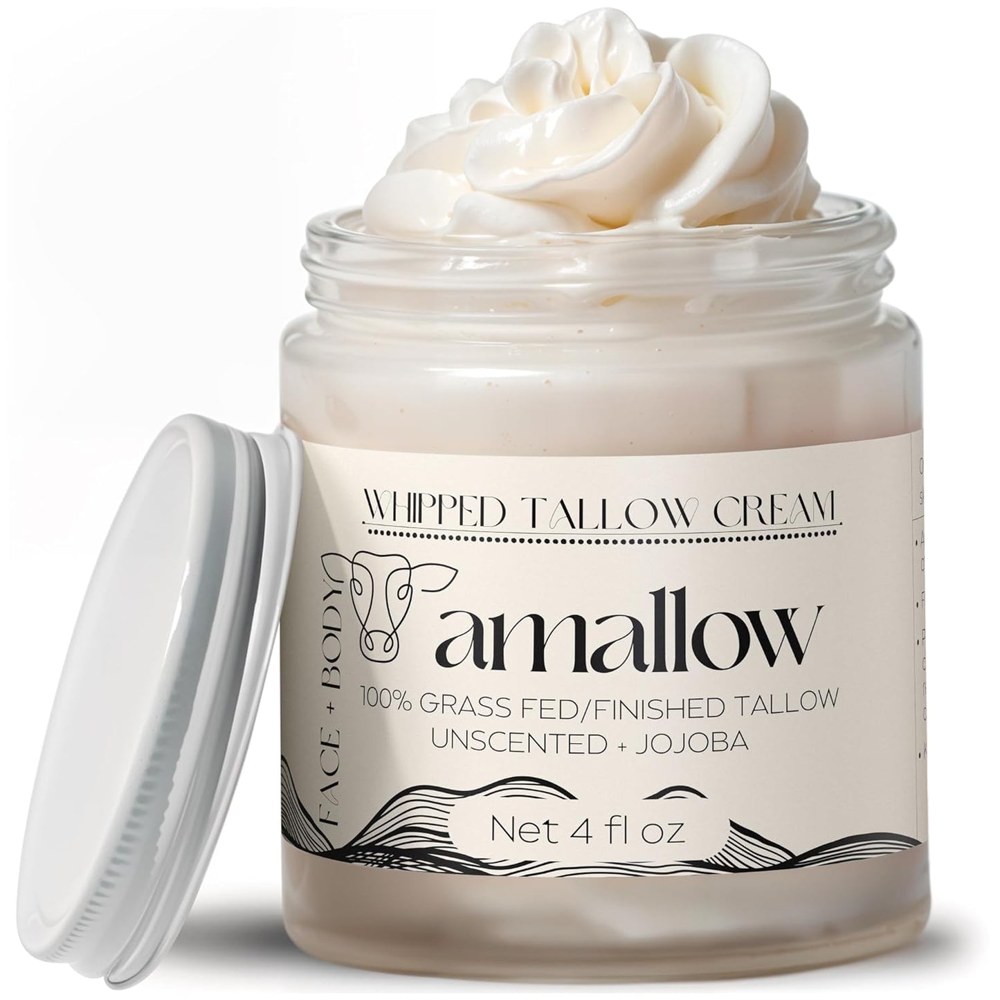 Amallow 100% Grass Fed Beef Tallow for Skin Care - Face + Body - Whipped Moisturizer for Sensitive Skin - Natural Lotion, 4 FL. oz. (Unscented + Jojoba Oil)