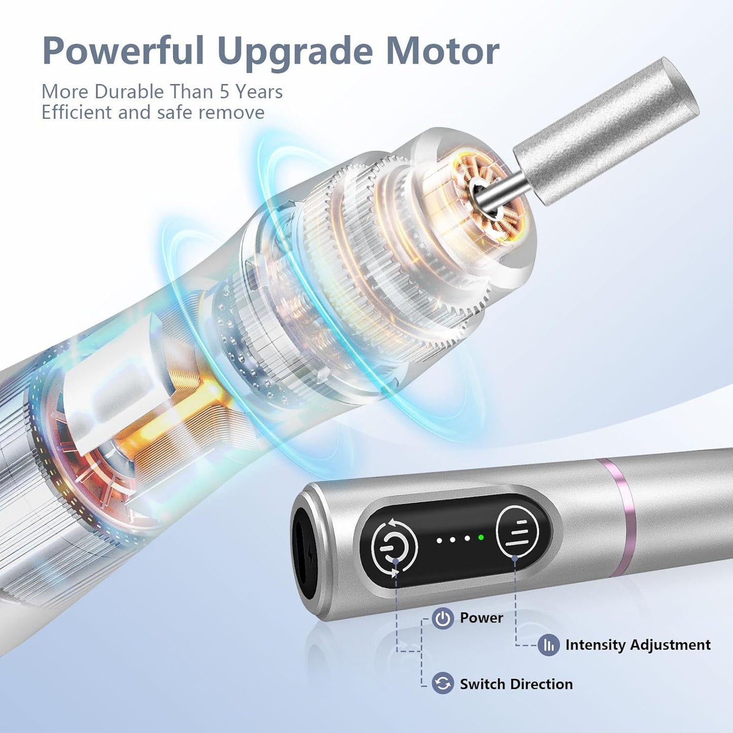 Cordless Nail Drill Electric Rechargeable File Kit, Professional Efile Acrylic Gel Nail Polish Remover Pedicure Manicure Machine Portable Set with 11 Bits 56 Sanding Bands for Salon (Silver)