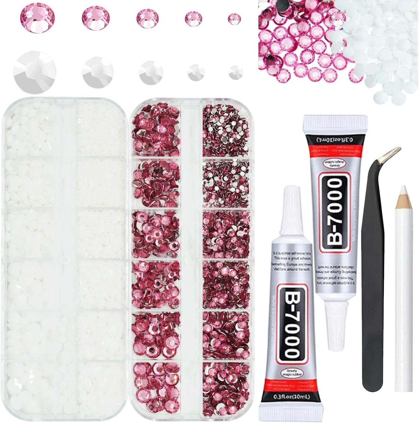 White And Pink Rhinestones with Glue(S8-S30) for Bedazzling,2mm-6mm Non-Hotfix Flatback Nail Gems Beads with B7000, Resin Nail GemsStones Diamond Kit for Bedazzle Crafting, Nails DIY Art Decoration