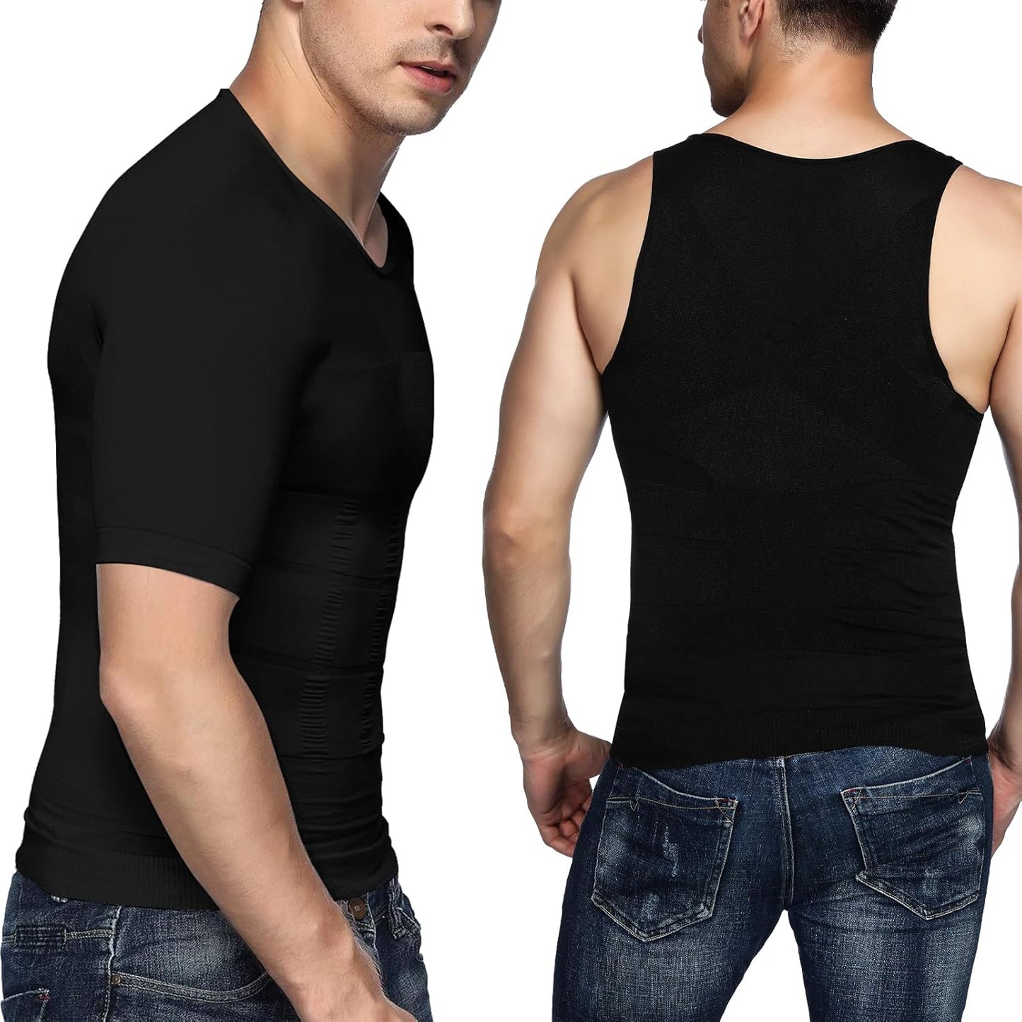 Odoland 5 Pack Men's Compression Shirt Short Sleeve Vest Set, Body Shaper Shapewear Tank Top Base Layer for Sport