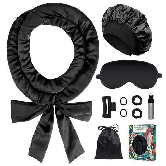 Satin Heatless Curls Overnight Hair Curlers to Sleep In Hair Curler Rollers No Heat Hair Wrap for Curls Headband, 70" Satin Heatless Curling Rod Set for Women Long Waves Hair Volume-Black 10PCS