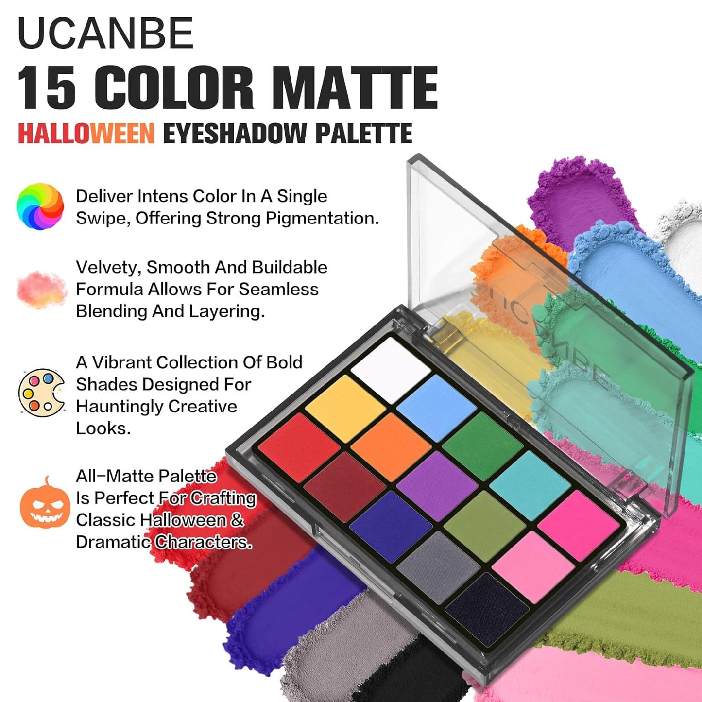 UCANBE Halloween Makeup Palette, 15 Colors Matte Black White Red Blue Green Purple Pink Eye Shadow, High Pigmented Blendable Bright & Dark Shade Pallet for Cosplay SFX Costume Stage Parties